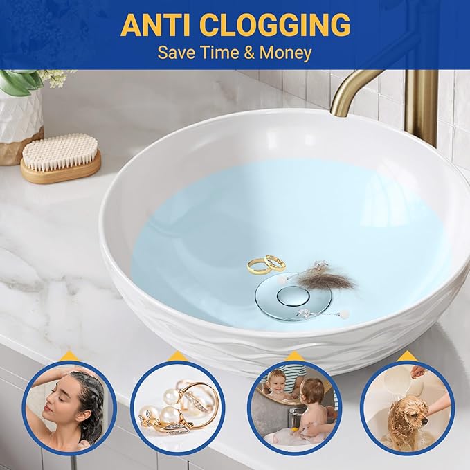 Bathroom Sink Drain Strainer, Pop-Up Bathroom Sink Stopper with Removable Stainless Steel Hair Catcher Basket, Universal Fit for US Bathroom Sinks, Showers & Floor Drains (3pcs)