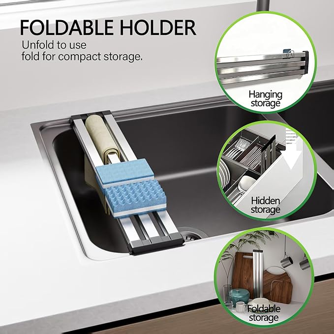 Over the Sink Kitchen Dish Drying Rack Organizer - Stainless Steel Collapsible Non-Slip Space-Saving [16.54 * 12.8IN] - Rust-Resistant Heat-Resistant Sturdy - Easy to Clean