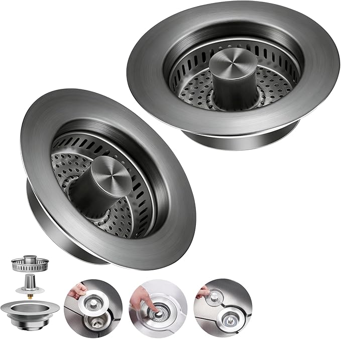 3 in 1 Kitchen Sink Drain Strainer & Pop Up Sink Stopper 2 Pack, Sink Strainer Anti-Clogging Kitchen Sink Basket, Odor-Free Water Catcher, Universal 3-1/2" Fit for US Standard Kitchens
