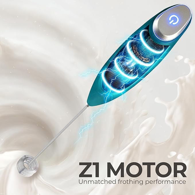 Zulay Kitchen Powerful Milk Frother Wand With Duracell Batteries - Ultra Fast Handheld Drink Mixer - Electric Whisk Foam Maker for Coffee, Lattes, Cappuccino & Matcha - Triple Whisk - Reign Emerald
