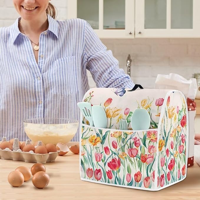 Floral Mixer Dust Cover | Waterproof & Machine Washable Protector with Handle & Pocket | Compatible with 4.5-5 Quart Stand Mixers