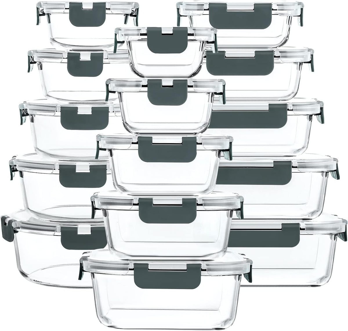 30 Piece Extra Large Glass Food Storage Containers with Lids,Gray