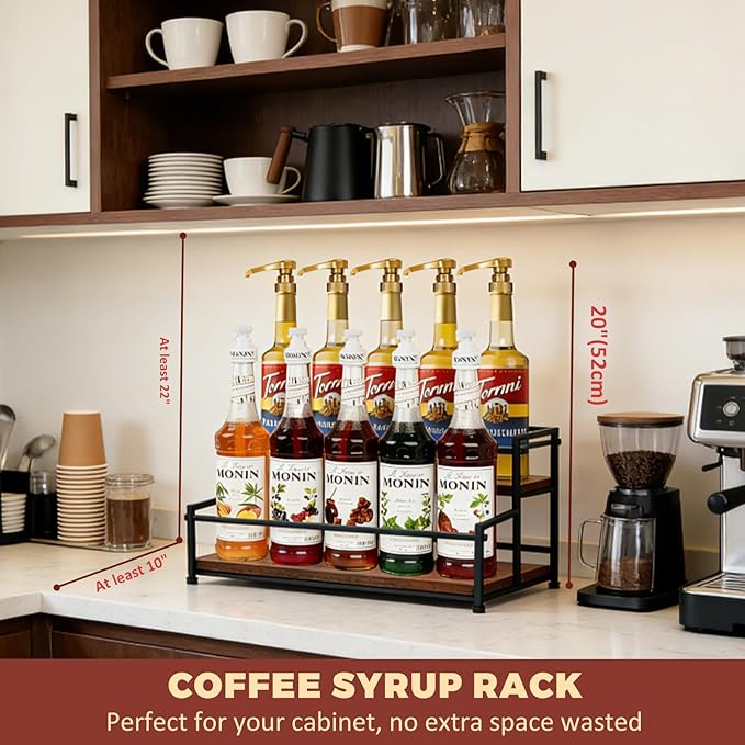 Coffee Syrup Rack Organizer - Metal Bottle Holder for 10 Bottles – Rustic Countertop Display Shelf for Coffee Bar, Kitchen Cabinet, Pantry Storage for Syrups, Liquor, Spice, Tea & Wine (2-Tier)