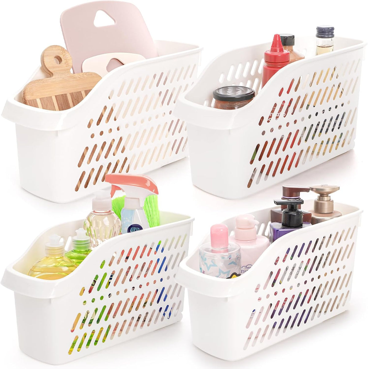 4 Pack Plastic Under Sink Organizer with Wheels, Roll Out Bottle Organization Bins Narrow Kitchen Cabinet Organizers Multifunctional Plastic Organizer Basket for Under Sink, Kitchen, Bathroom
