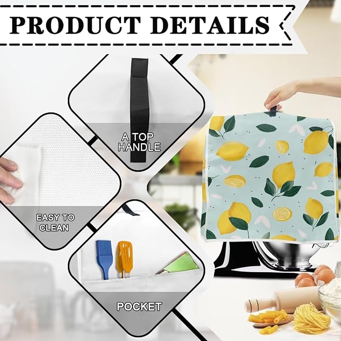 Summer Lemon Stand Mixer Cover for 6-8 Quart Liquid Splash-Proof Dust Protector with Top Handle & Storage Pocket Easy-Clean Anti Fingerprint Kitchen Counter Decor
