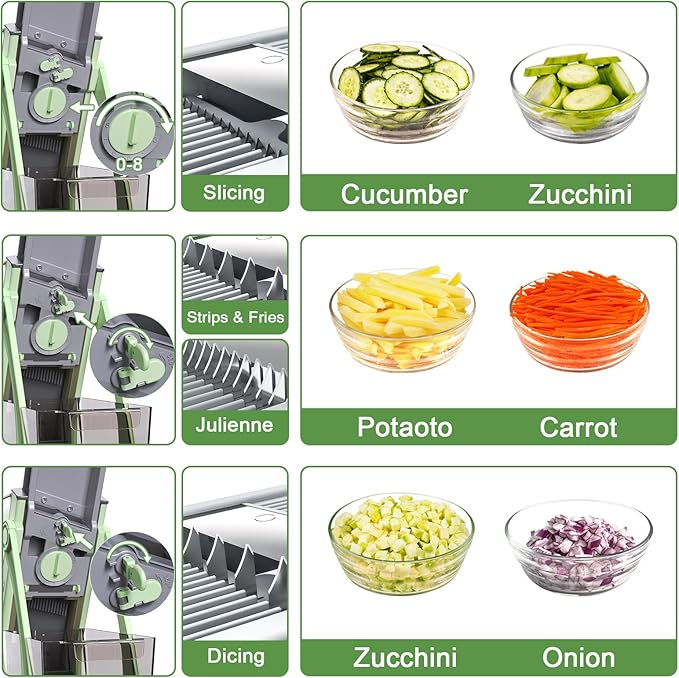 Jonscook All-in-1 Update Safe Mandoline Slicer for Kitchen, Food Chopper with Container, Thickness Adjustable Vegetable Chopper, Potato French Fry Cutter Tomato Apple Slicer Onion (Matcha Green)