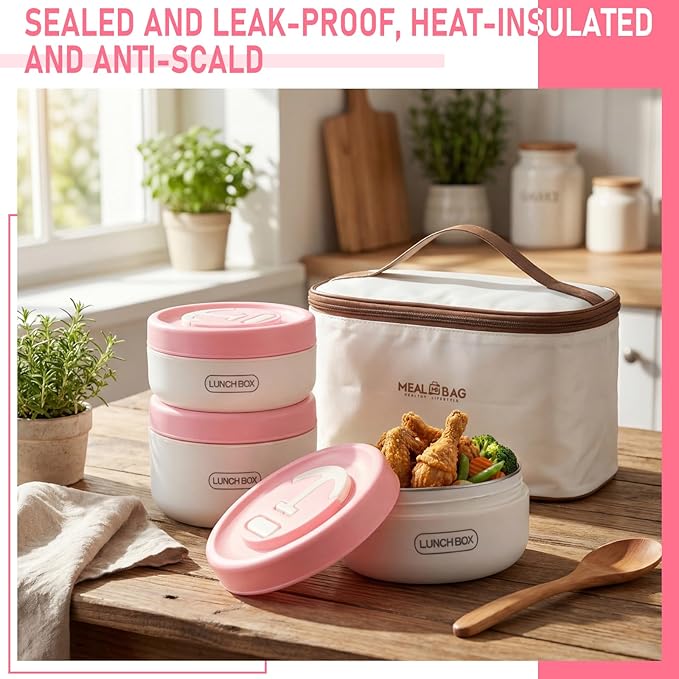 Dandat 4 Pcs Insulated Lunch Container, Portable Bento Box, Stainless Steel Lunch Box, Round Stackable Leakproof Thermal Food Container for Adult Men Women with Insulated Bag, 74 oz(Pink)