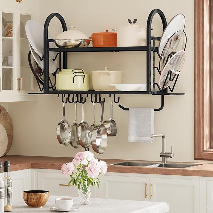 HOOBRO 30 Inch Pot Rack Wall Mounted, 2 Tier Pots and Pans Organizer with 6 Lid Holders and 10 Hooks, Wall-Mounted Pan Hanger with Towel Bar, for Kitchen Cookware Utensils Storage, Black BB100TL01