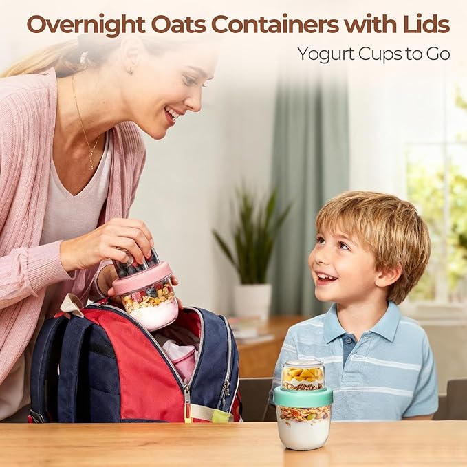 ComSaf Overnight Oats Containers with Lids (8oz+4oz, 4Pcs), Glass Yogurt Parfait Cups for Cereal Nut Fruit, Dual-Layer Chia Pudding Jars Reusable, Small Mason Jars for Salad, Meal Prep, Snack, Oatmeal