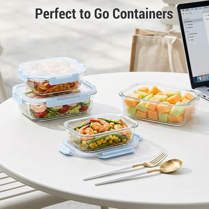 Dealusy 10 Sets (20-Piece) Glass Meal Prep Containers with Lids, Five 36 oz & Five 12 oz Airtight Leak-proof Glass Food Storage Containers with lids, Microwave Oven Freezer Dishwasher Safe, Blue