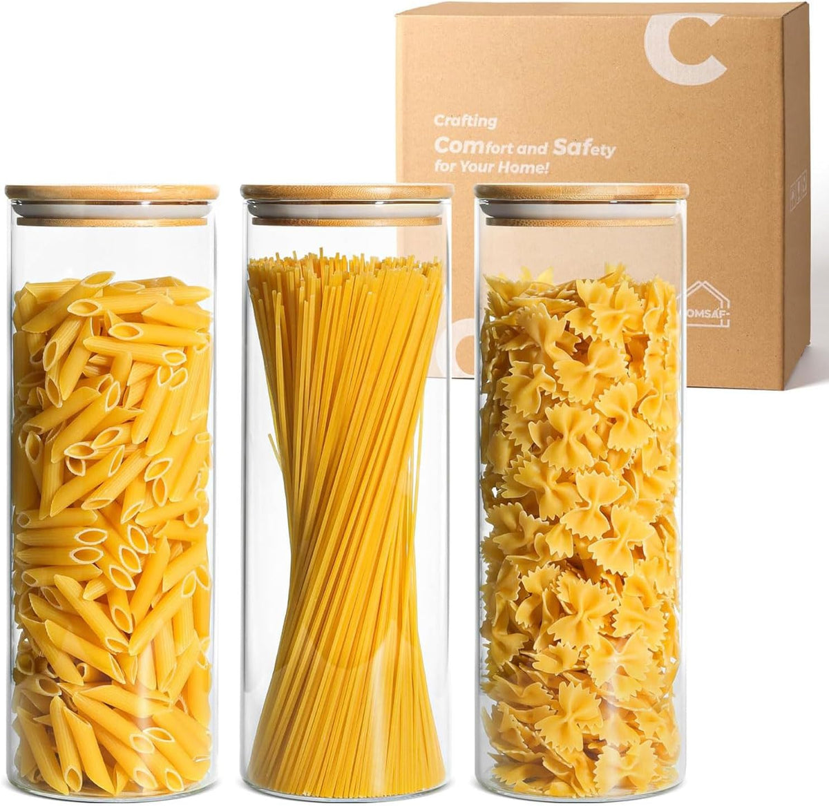 Pasta Containers Storage 2 Qt, Spaghetti Container, 3 Pack Glass Jar