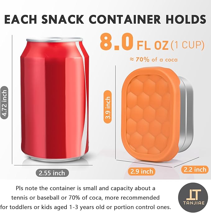 Tanjiae Small (1 CUP) Stainless Steel Snack Containers for Kids | Easy Open Leak Proof Food Containers with Silicone Lids - Perfect Metal Toddler Lunch Box for Daycare and School (8oz)
