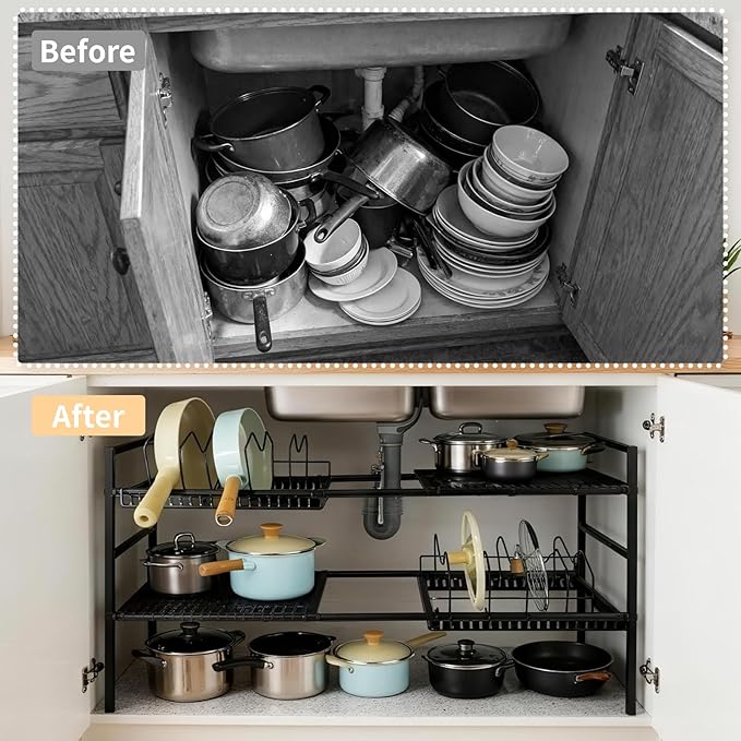 Pots and Pans Organizer Under Cabinet, Expandable Pots Organizers Inside Cabinet, Adjustable Height Under Sink Shelf 2 Tier with 10 Dividers Under Cabinet Shelf, Pot and Pan Lid Holder Rack (Black)