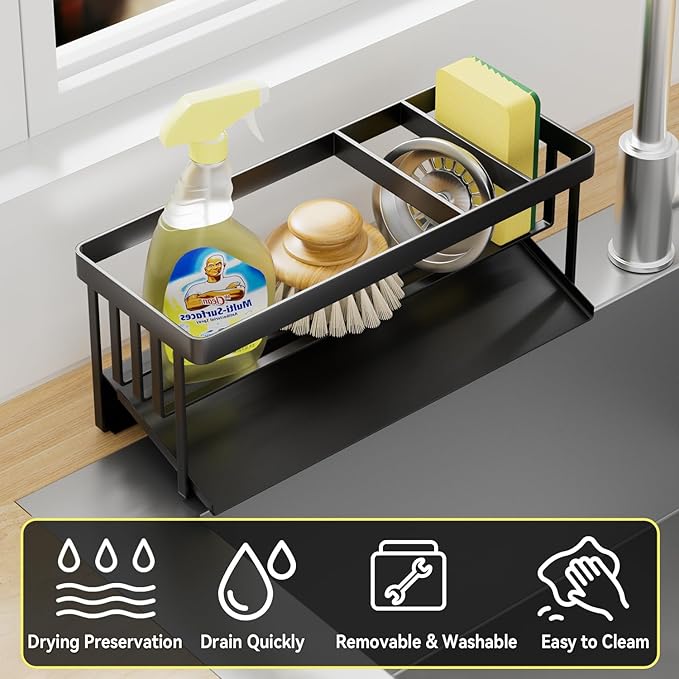 Kitchen Sink Caddy Organzier with Sponge Holder and Removable Drip Tray for Kitchen Sink, 304 Stainless Steel Organize for Sponge Soap Dish Brush Storage Accessories(Black)