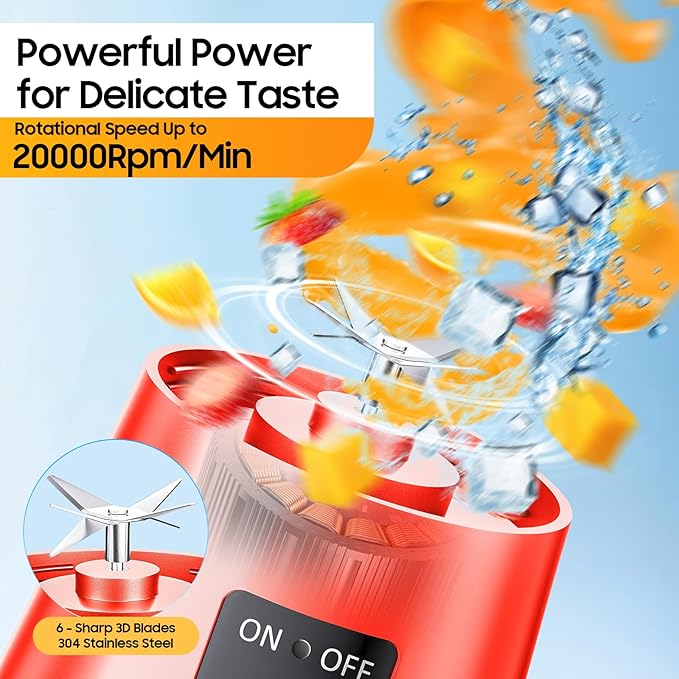 Portable Blender for Smoothies & Shakes - Cordless Personal Size Blender with 6 Blades, 380Ml Juice Cup, Lightweight & Rechargeable, Freshly Squeezed for Picnic/Sports/Office