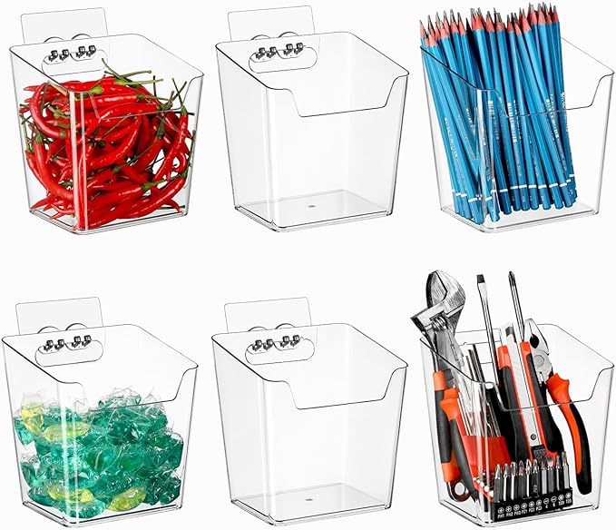 6 Pack Drink Packet Organizer, Clear Acrylic Cabinet Door Organizer Adhesive, Wall Mount Caddy Utensil Holder Floating Bin for Tea Bag Kcup Storage, Sewing Tools, Laundry Pods, Small Cleaning Supply
