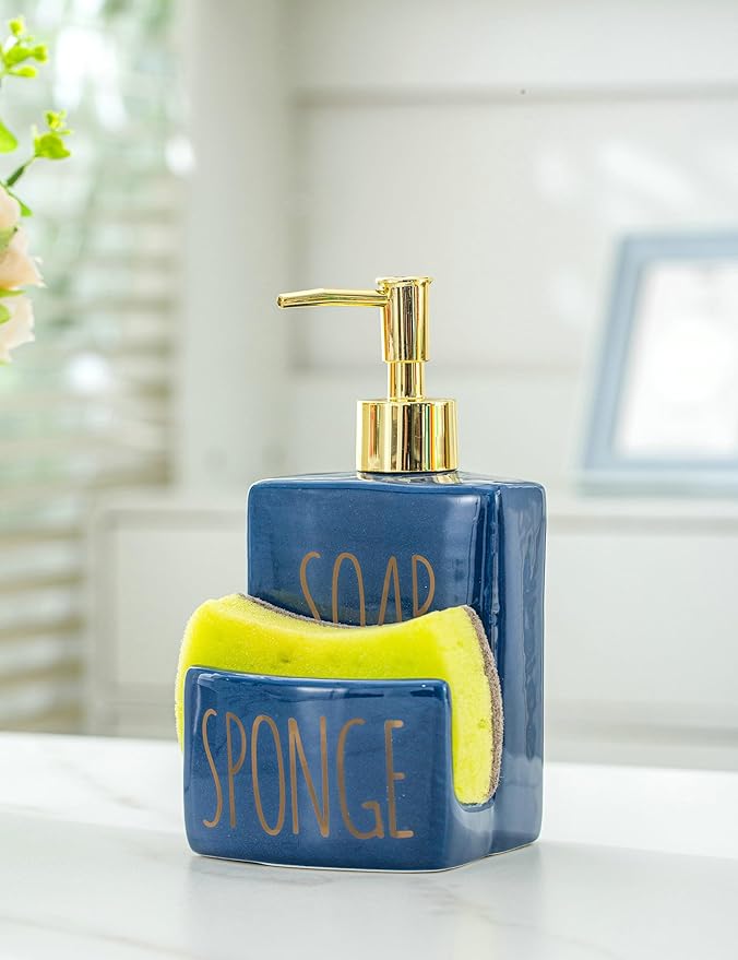 Ceramic soap Dispenser with Sponge Holder for Kitchen Sink Bathroom Counter top Storage and Organization (Navy)