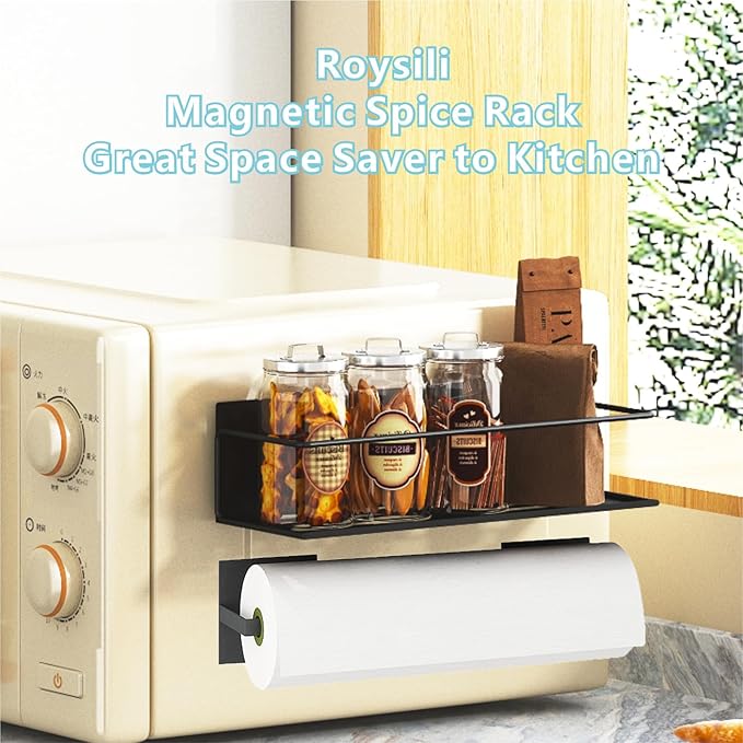 Magnetic Spice Rack For Refrigerator, Space Saving Magnetic Shelf For Fridge Black 2 Pack With Magnetic Paper Towel Holder