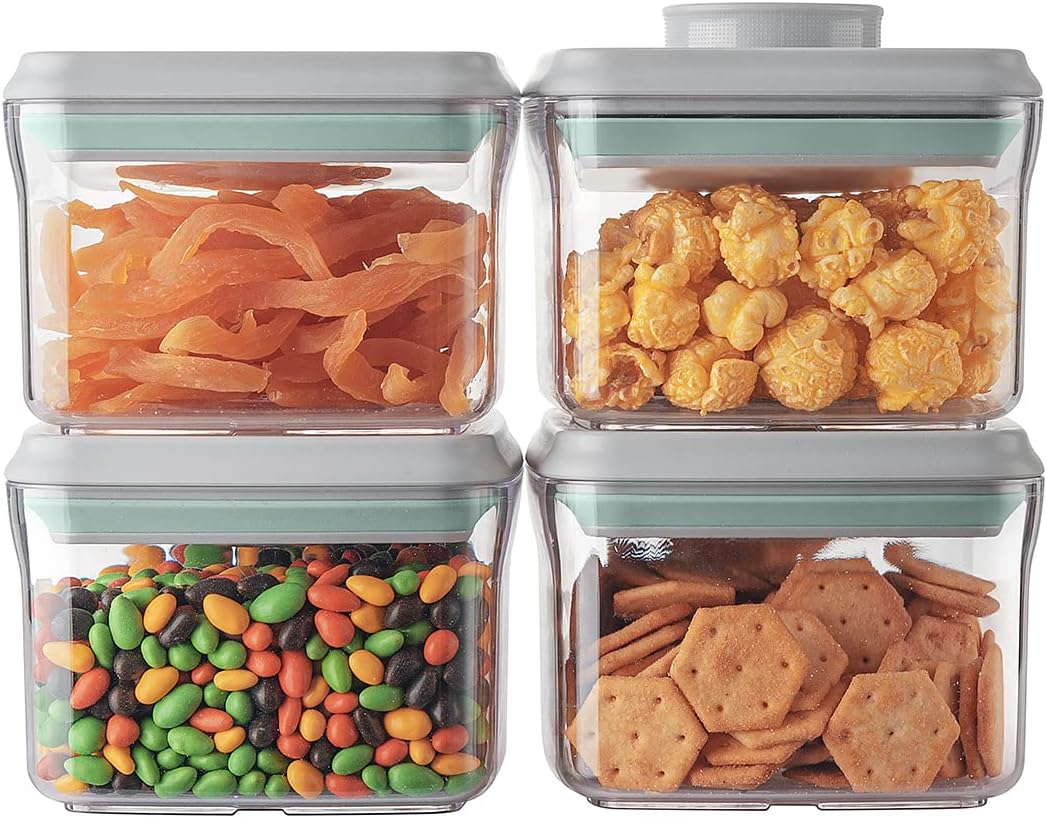 Airtight Container Set - (380ml 4 Pcs) Stackable One Button Openning Food Containers for Snacks Candy Salt Herbs Spices BPA-Free Tranparent (0.32 QT * 4)