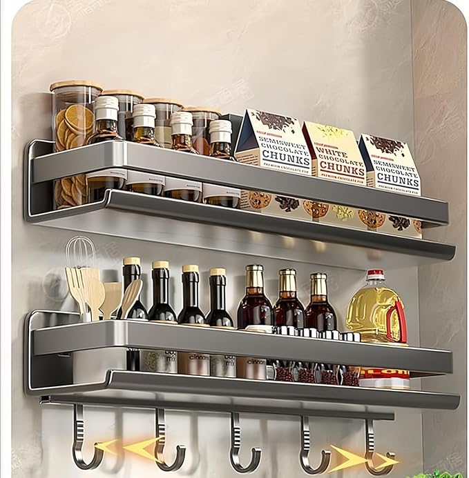 Adhesive Wall Mount Spice Rack Carbon Steel, No-Drill Dark Gray Wall Spice Racks for Kitchen, Multi-Purpose Spice Storage Organizer, Kitchen Bathroom Storage Shelf for Countertop Cabinet