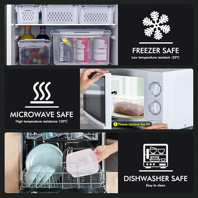 HOTEC 4-Pack Large Fruit Storage Container for Fridge Leak proof with Removable Colander, BPA Free Dishwasher & microwave safe Largest 3.15L