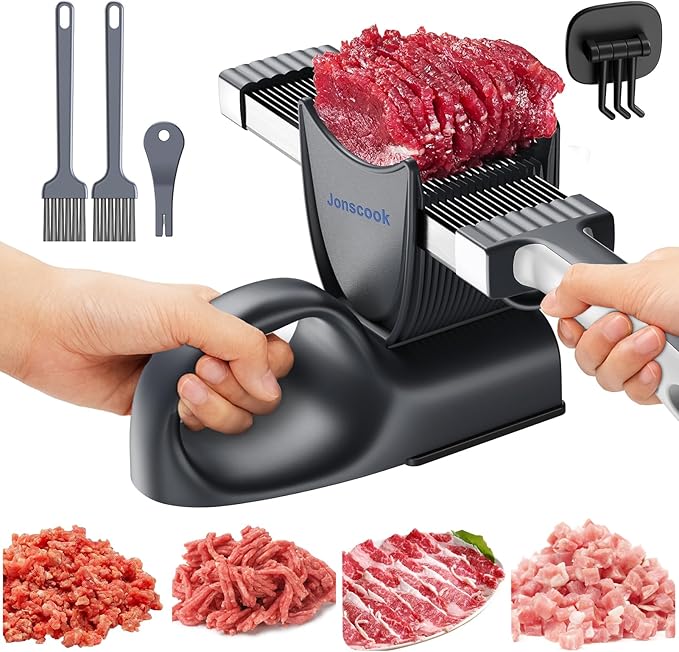 Manual Meat Slicer for Fresh Raw Meat (with Steady Grip), Meal Prep, Adjustable Thickness 2mm or 4mm, 17 Blades get 18 Meat Slices, Meat Cleavers can be Sliced, Striped, Diced -Black