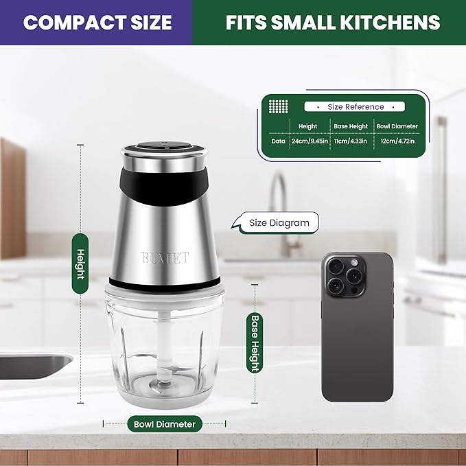 BUMET Electric Food Processor Vegetable Chopper 500W with 2.5 Cup Glass Bowl and Stainless Steel 4 Blades Cutter Mini Food Chopper for Home Use, Mincing, and Puree for Kitchen Aid, Baby Food