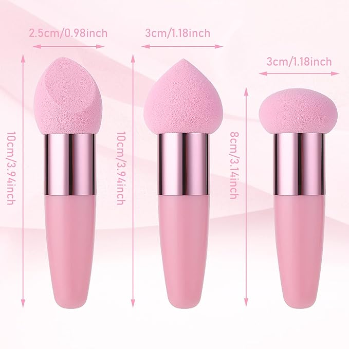 Sibba 3 Pcs Little Makeup Sponges with Handle, Powder Make Up Puff Set, Wet and Dry Foundation Blending Applicator, Cosmetic Concealer Face Brush, Lightweight Mini Beauty Sponges for Eyes and Sticks
