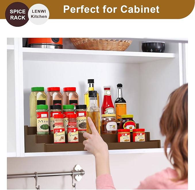 Lenwi Spice Rack Organizer for Cabinet, 3 Tier Expandable Bamboo Spice Storage for Kitchen Cupboard Pantry, Brown