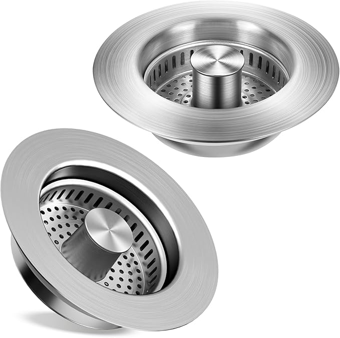 Kitchen Sink Drain Strainer 2 Pack, 304 Stainless Steel Pop Up Sink Stopper, Anti-Clogging Sink Drain Strainer for US Standard Kitchen Drain (SUS304 Brushed)