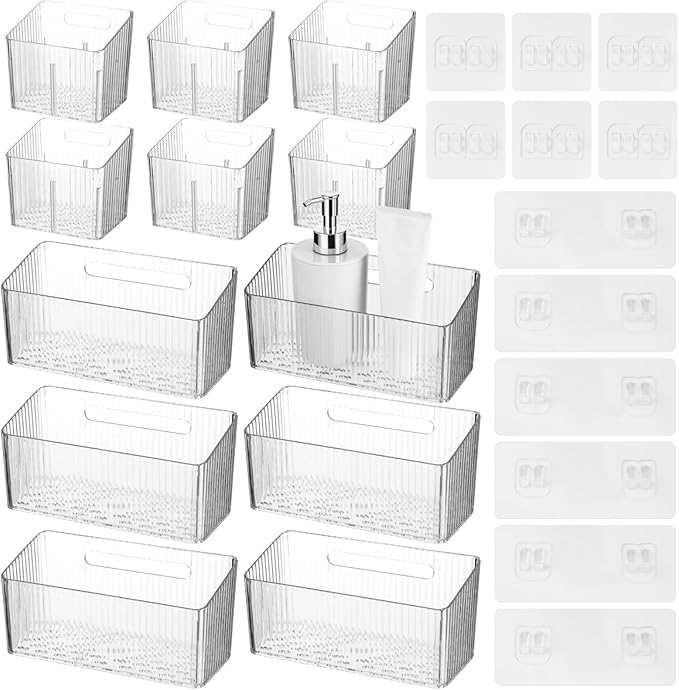 12 Pcs Storage Organizer Bins, Wall-Mounted Storage Baskets with Self-Adhesive Hooks, Clear Plastic Hanging Baskets, Stackable Storage Holders for Bathroom, Kitchen, Refrigerator