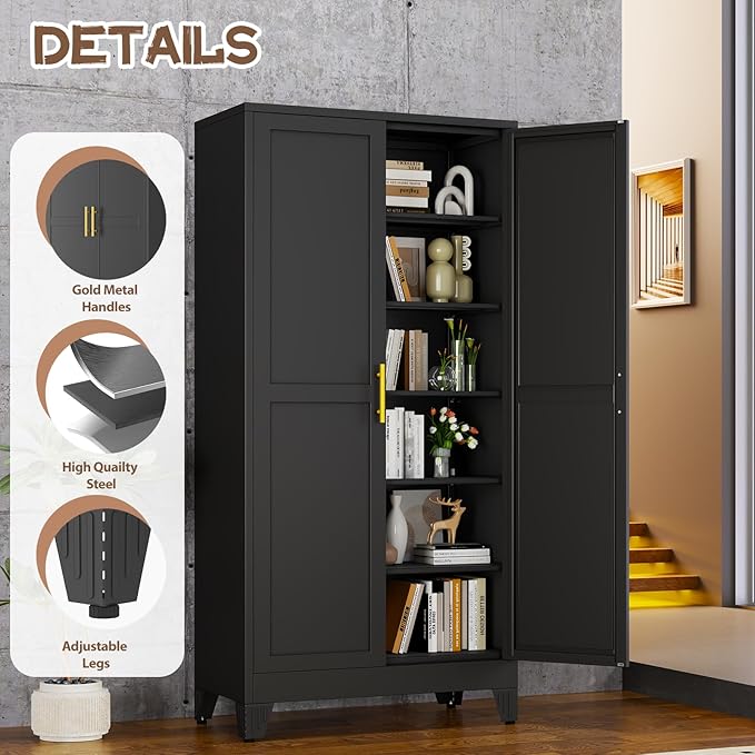 winiowa Tall Metal Kitchen Pantry Storage Cabinet with 2 Doors and 5 Adjustable Shelves - 75.2" Kitchen Cabinet with Gold Handles for Kitchen, Bathroom, Dining Room, Living Room - Black