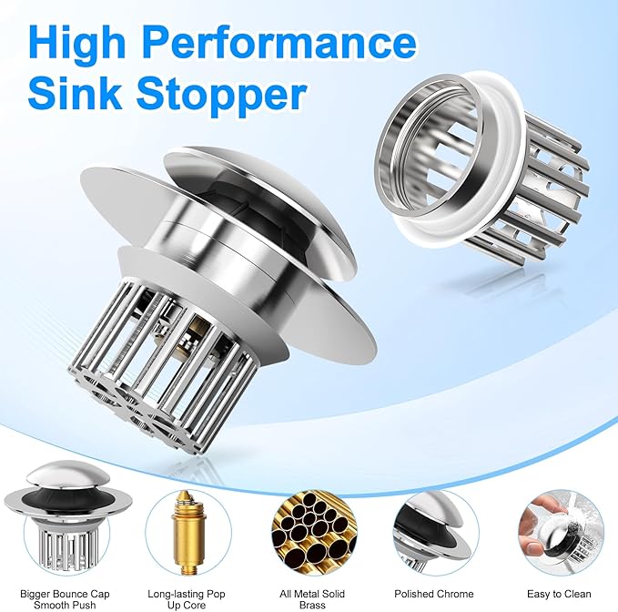 Universal 4 in 1 Bathroom Sink Stopper with Removable Filter Basket, Pop Up Pure Copper Bathroom Sink Drain Strainer, Anti-Clogging Bathroom Drain Stopper Sink Plug for 1.06"-1.65" Basin Drain Holes
