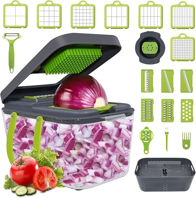 New 2022 Vegetable Dicer Onion Chopper, 22 in 1 Food, Fruits Cutter with 14 Stainless Steel Blades, Adjustable Slicer with Drain Rack Storage Container, Kitchen Gadget