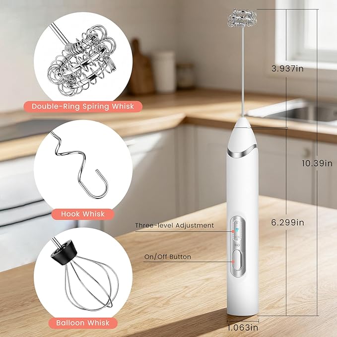Handheld Milk Frother with Travel Case - Portable USB Rechargeable Mini Whisk for Coffee, Latte. Includes 3 whisks, storage, perfect for frothing milk, beating eggs, and blending drinks.