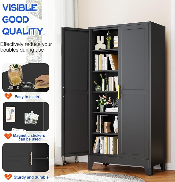 GAIOUS 75.2" Tall Metal Storage Cabinet with 2 Doors and 5 Adjustable Shelves, New upgrade Kitchen Pantry Cabinet, Black Freestanding Cupboard, 6 Tier Steel Storage for Office, Kitchen, Dining, Garage
