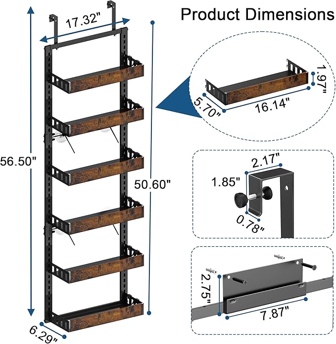 BUKFEN 6-Tier Over the Door Pantry Organizer, 2-in-1 Door Hanging or Wall Mounted Spice Rack, Heavy Duty Metal Storage Shelves with Adjustable Wooden Baskets for Kitchen Bathroom Closet