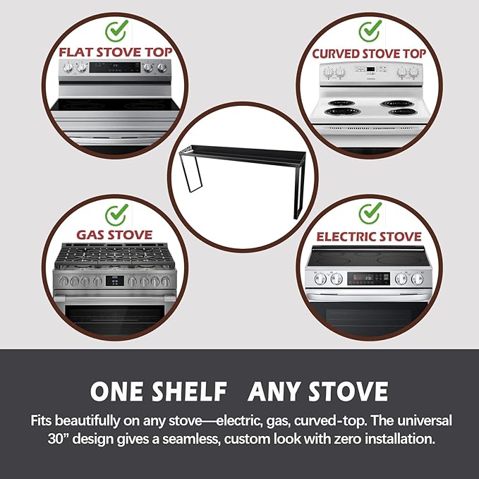 STUTOV 30-Inch Black Metal Over Stove Spice Rack Shelf – Magnetic Kitchen Organizer for Stove Top, Black Countertop Storage Rack for Spices, One-Piece Kitchen Gadgets