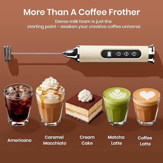 YUSWKO Beige Milk Frother Wand for Coffee with Stand, Handheld Coffee Frother, Rechargeable Drink Mixer, Waterproof Electric Whisk