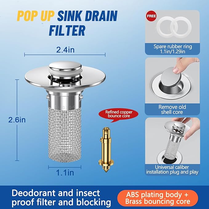 Vakabiu 2024 New Pop Up Bathroom Sink Drain Strainer Hair Catcher, Sink Drain Stopper with Removable Stainless Steel Filter Basket,for US Bathroom Sink Stopper Replacement (2PCS)