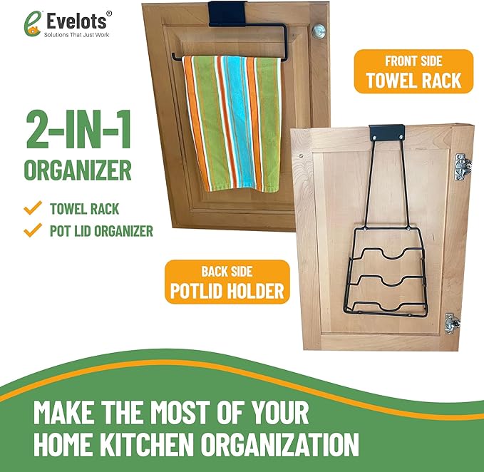 Evelots 2-in-1 Pot Lid Organizer with Towel Holder - 2 Pack, 3-Tier Cabinet Door Rack - Space-Saving Kitchen Organizer for Glass or Metal Pan Lids & Towels - Over the Door Design - Black