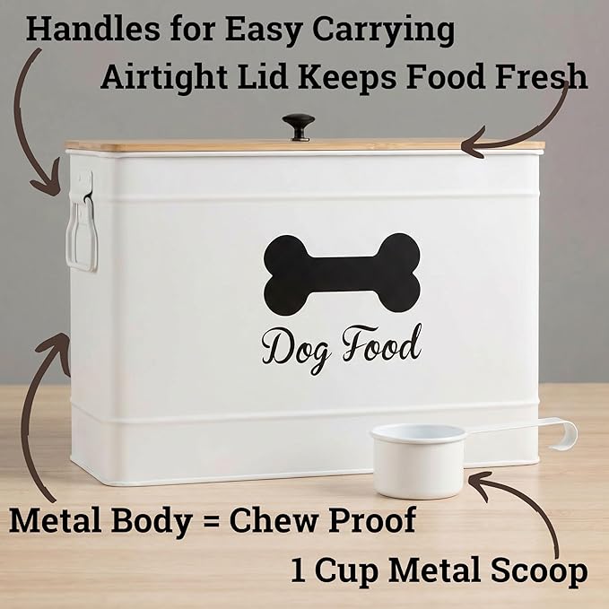 Dog Food Container Airtight 15-20 lb (70 Cup) Capacity with Metal Scoop - Cute Airtight Dog Food Storage Container with Bamboo Lid - White Metal Kibble Storage Bin for Dogs up to 100 lbs - Big Pet Jar