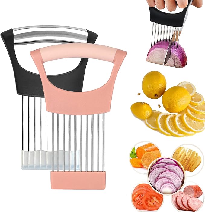 Upgraded Stainless Steel Lemon Slicer Onion Cutter, Onion Holder for Slicing, Vegetable Cutter Kitchen Chopper Slicing Assistant Tool for Potato and Tomato Avocados Eggs Meat (2, Black&Pink)