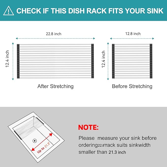 Extra Large Expandable Roll Up Dish Drying Rack,Over The Sink Drying Rack Sink Cover Kitchen Sink Accessories Kitchen Rolling up Stainless Steel Drainer, Foldable,Rollable（Black，22.8''-12.4''）