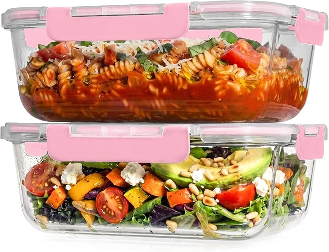 Razab 2 Pcs 1860ml / 63 Oz Large Glass Food Storage Containers with Lids - Glass Meal Prep Containers with Locking Lids for Roasting, Storing Leftover, Lunch Container, BPA Free, Microwave & Oven Safe