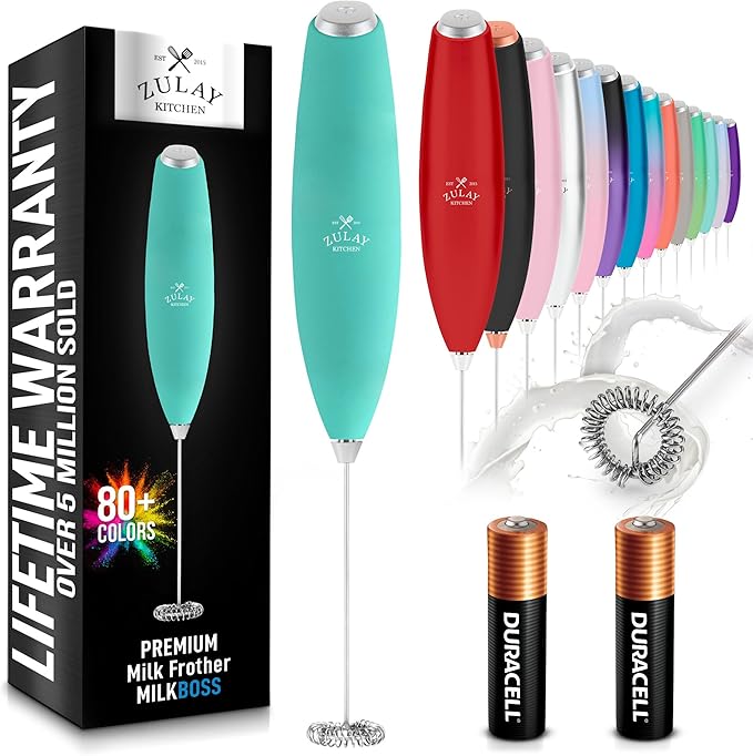 Zulay Kitchen Milk Frother Handheld Electric Whisk with AA Duracell Batteries – Durable Drink Mixer for Coffee, Lattes, Cappuccinos & More - Aqua