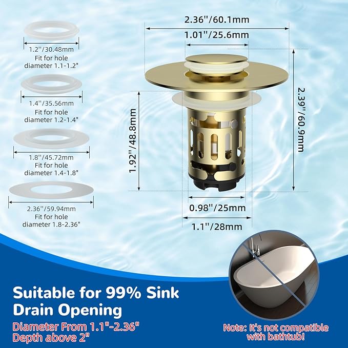 Hibbent 2 Pack Upgraded 3 in 1 Bathroom Sink Drain Strainer, Universal Pop Up Stopper with Removable Stainless Steel Filter Basket Hair Catcher, Sink Plug for 1.1''~2.36'' Basin, Brushed Gold