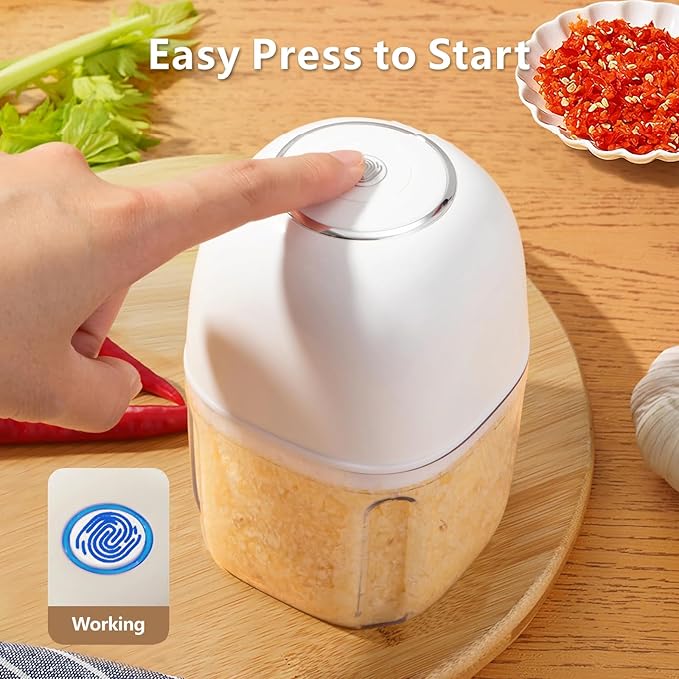 Wireless Food Chopper Mini, 350ml Cordless Food Processor, 1.4Cup Garlic Onion Chopper, Battery USB-C Rechargeable Electric Processor, Veggie Meat Blender, Small Kitchen Appliance Portable Mixer,White