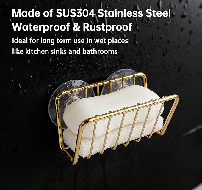 Kitchen Sink Suction Holder for Sponges,Soap,sink strainer, sink stopper.Food Graded Stainless Steel,No Drilling,Wall Mounted Soap Holder Soap Tray Bar Holder for Bathroom & Kitchen,Gold.