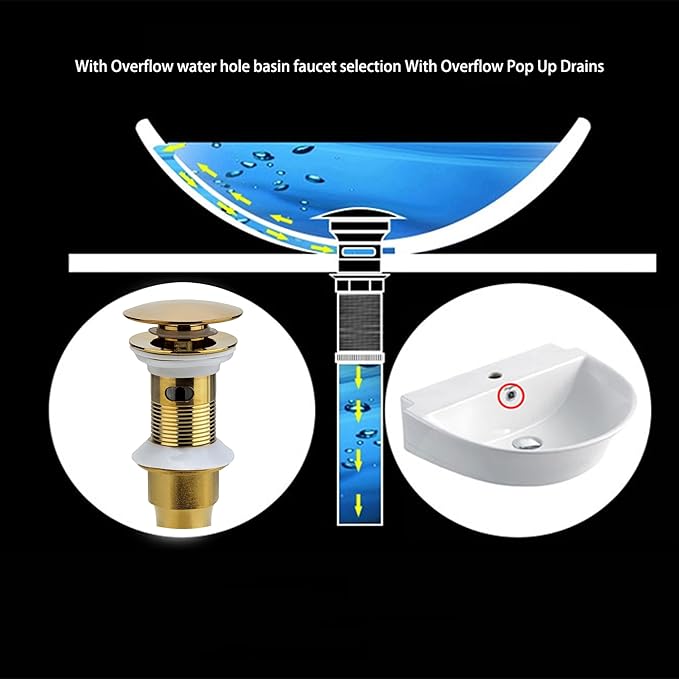 Rockgoya Bathroom Sink Drain, Gold Drain Stopper Bathroom Sink with Overflow,Pop Up Drain Assembly with Detachable Strainer Basket,Built-in Anti-Clogging Strainer,Stainless Steel